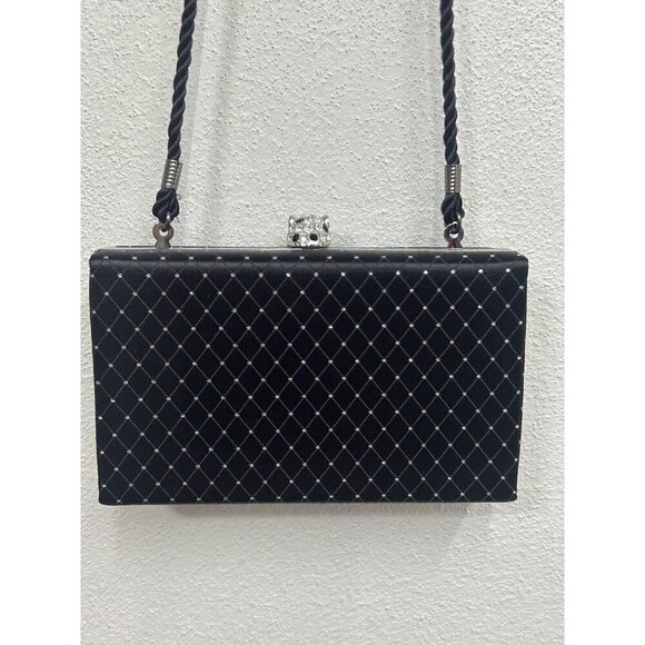 KENNETH JAY LANE Crossbody Clutch Bag Black Satin Rhinestone Crystal Mouse Glam - Picture 1 of 16